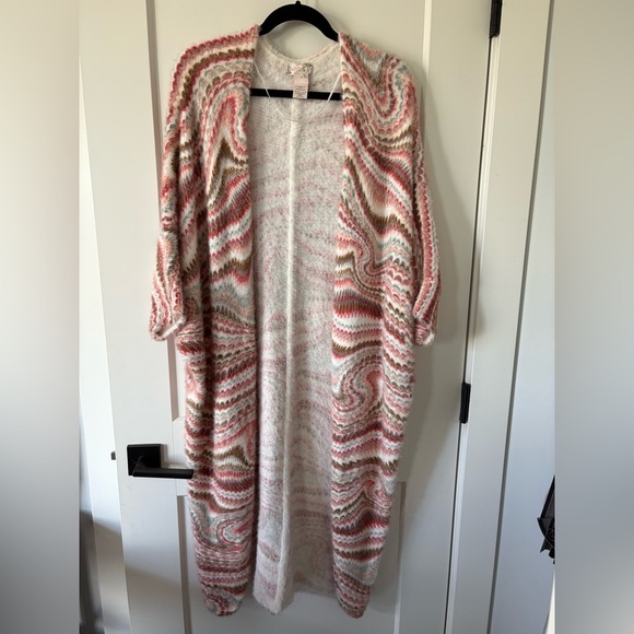 Free People Fuzzy White and Pink Knit Sweater - Picture 1 of 5